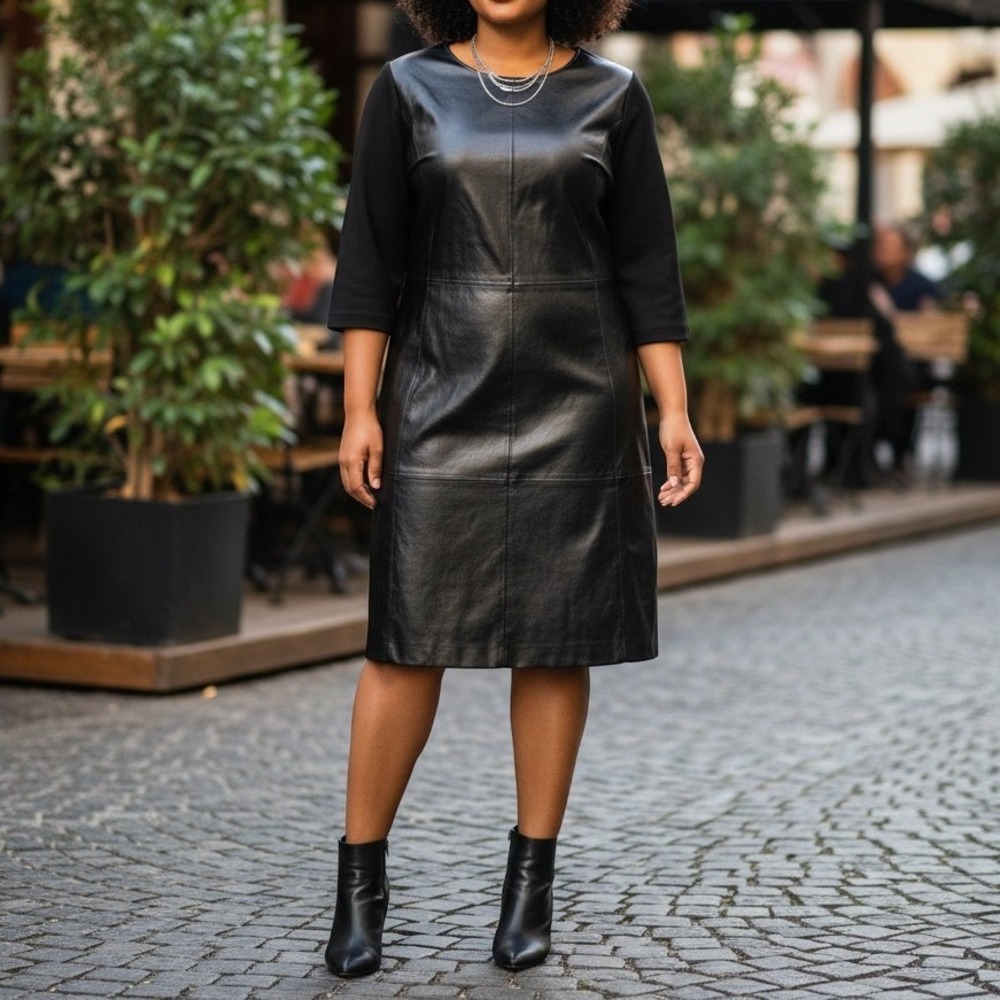 Jessica London Dress Size 26W Black Leather Mixed Media Shift Cocktail